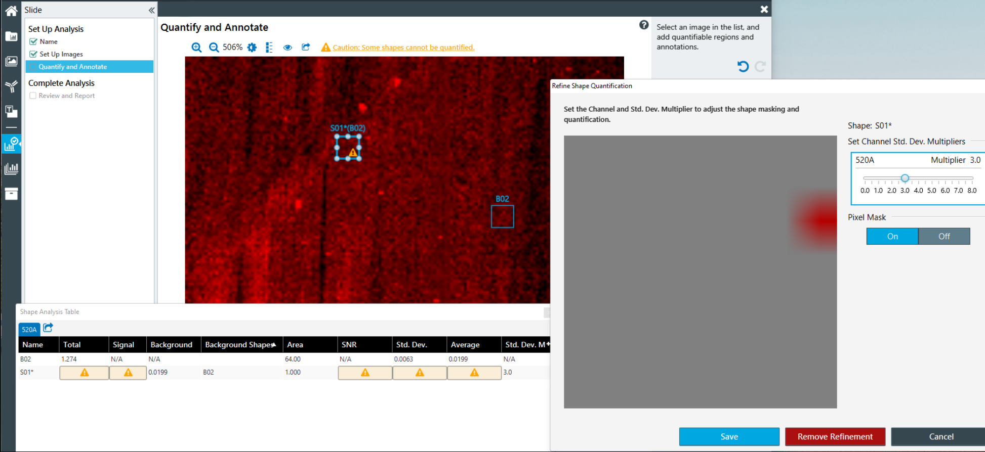 Quantification warning on an image in the Slide workflow