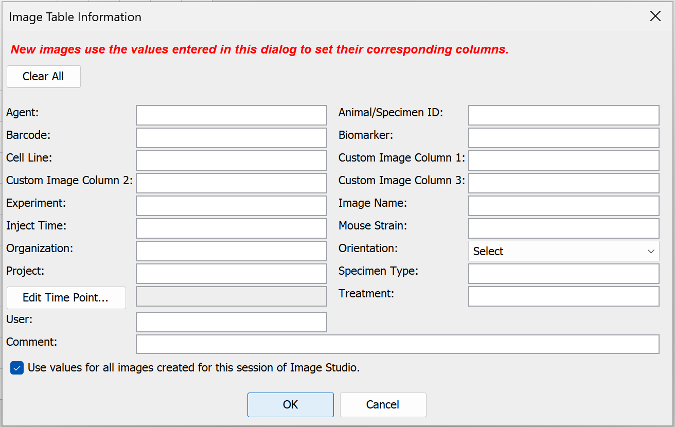 Image Table Information dialog