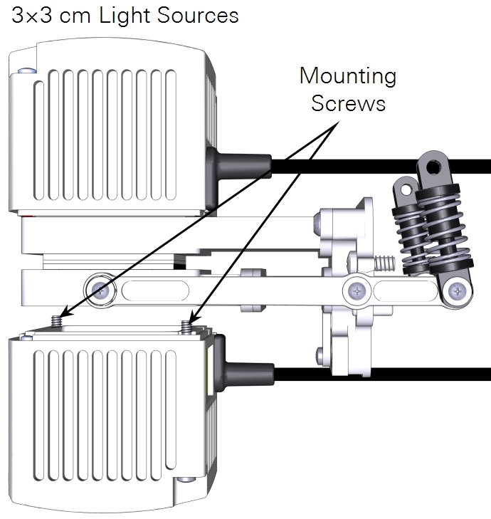 The small light source mounts with two screws when measuring photosynthesis in a dual light source configuration.