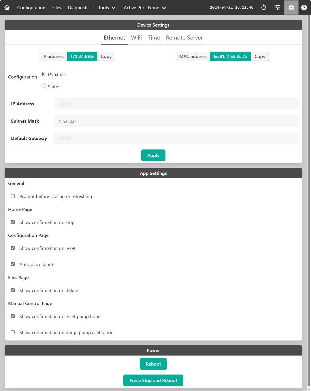 Settings are general for the device, but also include some interface settings and reboot options.