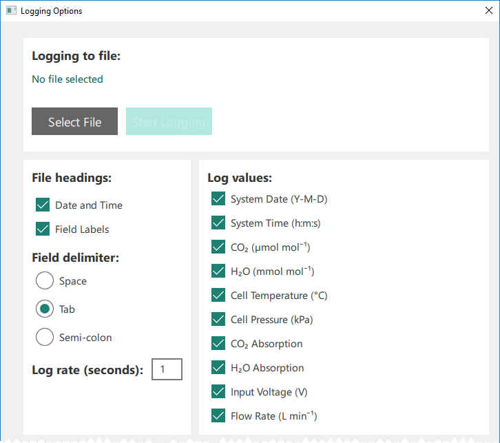 PC data logging options for the LI-850 and LI-830 configure the logging parameters. Similar for the LI-870 in stand-alone applications.